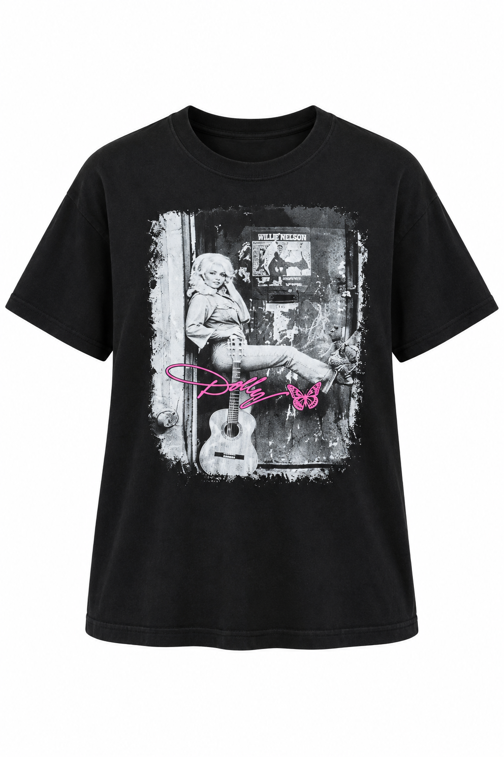 Trestles Clothing Company Dolly Tee in black cotton featuring a vintage-style graphic of Dolly Parton with a guitar.
